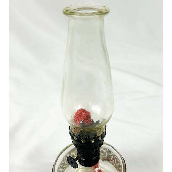 Vtg Miniature Clear Glass Oil Lamp Silver Metal Lattice Accent 8.5” Hong Kong - Picture 4 of 6